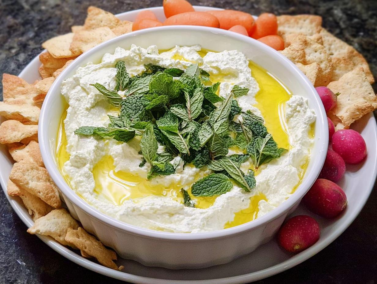A bowl of creamy white dip topped with olive oil and fresh mint, served with crackers, baby carrots, and radishes, perfect for NYE snacks.