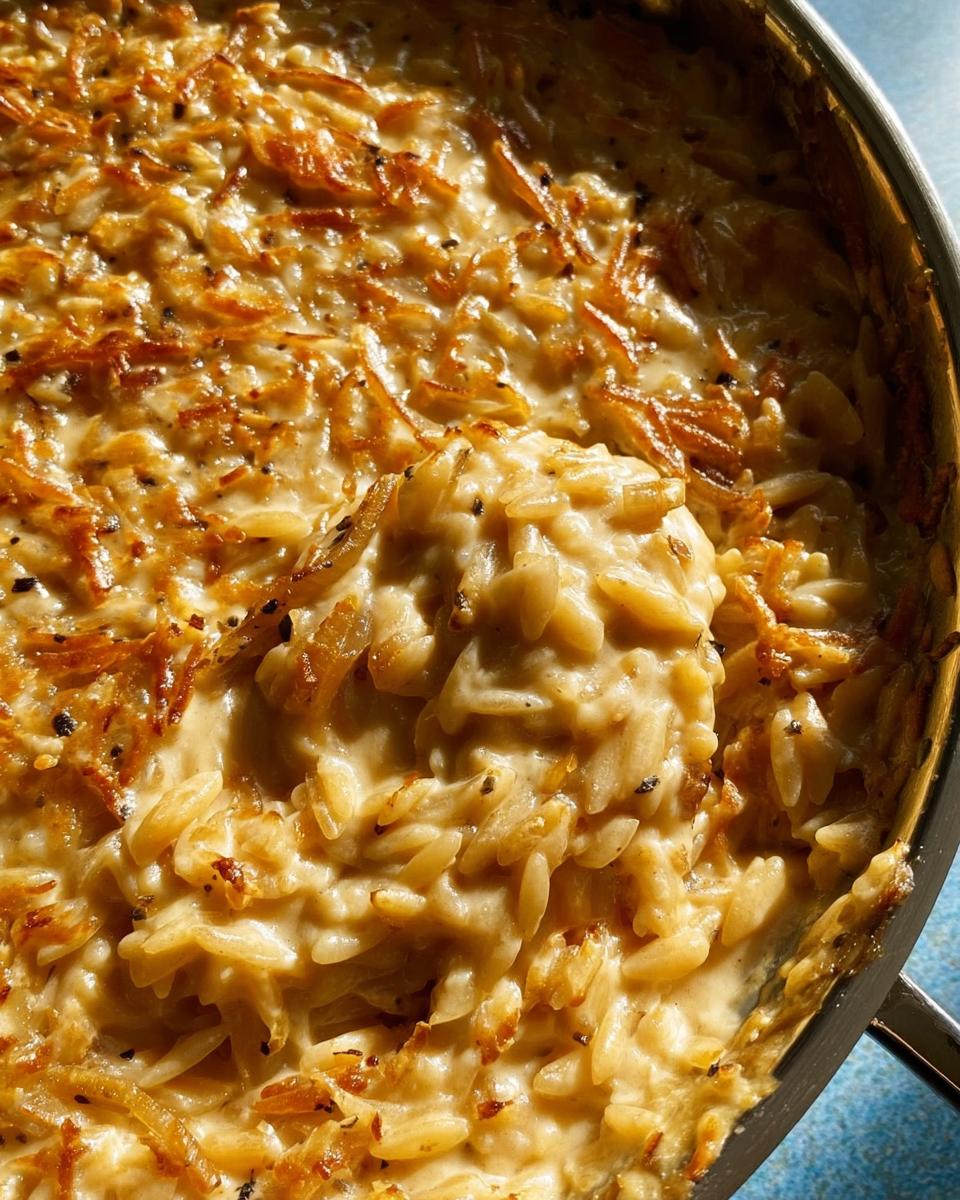 Close-up of creamy orzo pasta in a pan, a perfect example of one-pan dinner recipes with minimal cleanup.