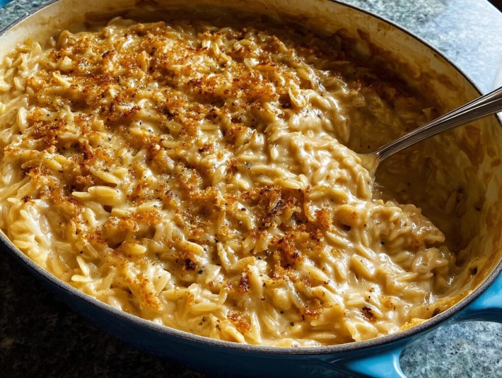 Close-up of a creamy orzo dish in a blue pan, a one-pan dinner recipe with a golden breadcrumb topping.