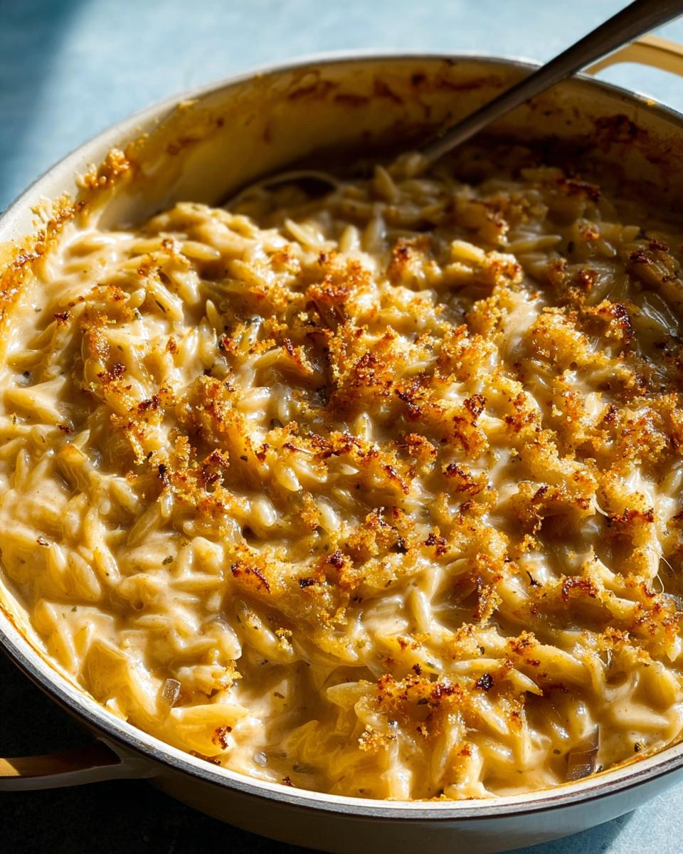 Close-up of a creamy orzo pasta dish baked in a white pan, topped with golden breadcrumbs. A perfect one-pan dinner recipe.