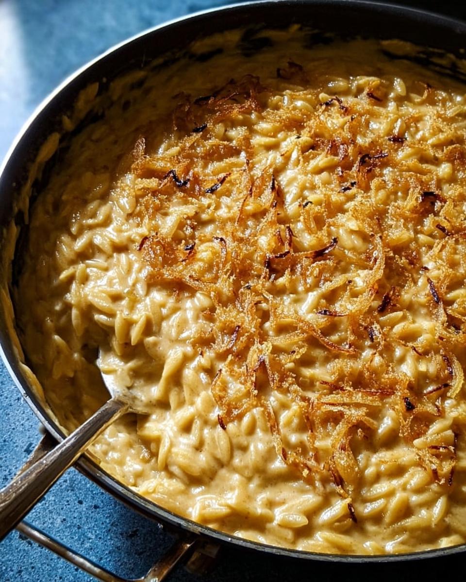 Close-up of a creamy orzo dish in a pan, topped with crispy fried onions. A perfect one-pan dinner recipe.
