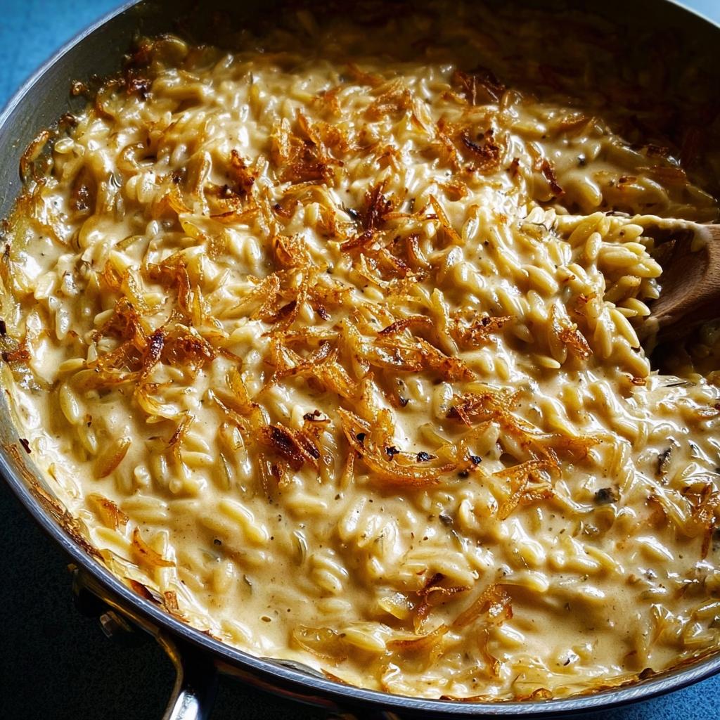 Close-up of creamy orzo pasta dish topped with crispy fried onions in a pan, a perfect one-pan dinner recipe.