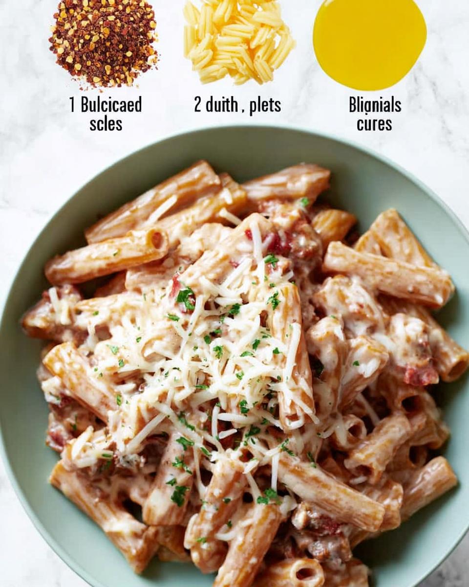 A bowl of creamy pasta with grated cheese and chopped parsley, with ingredients like chili flakes, pasta, and olive oil in the background.