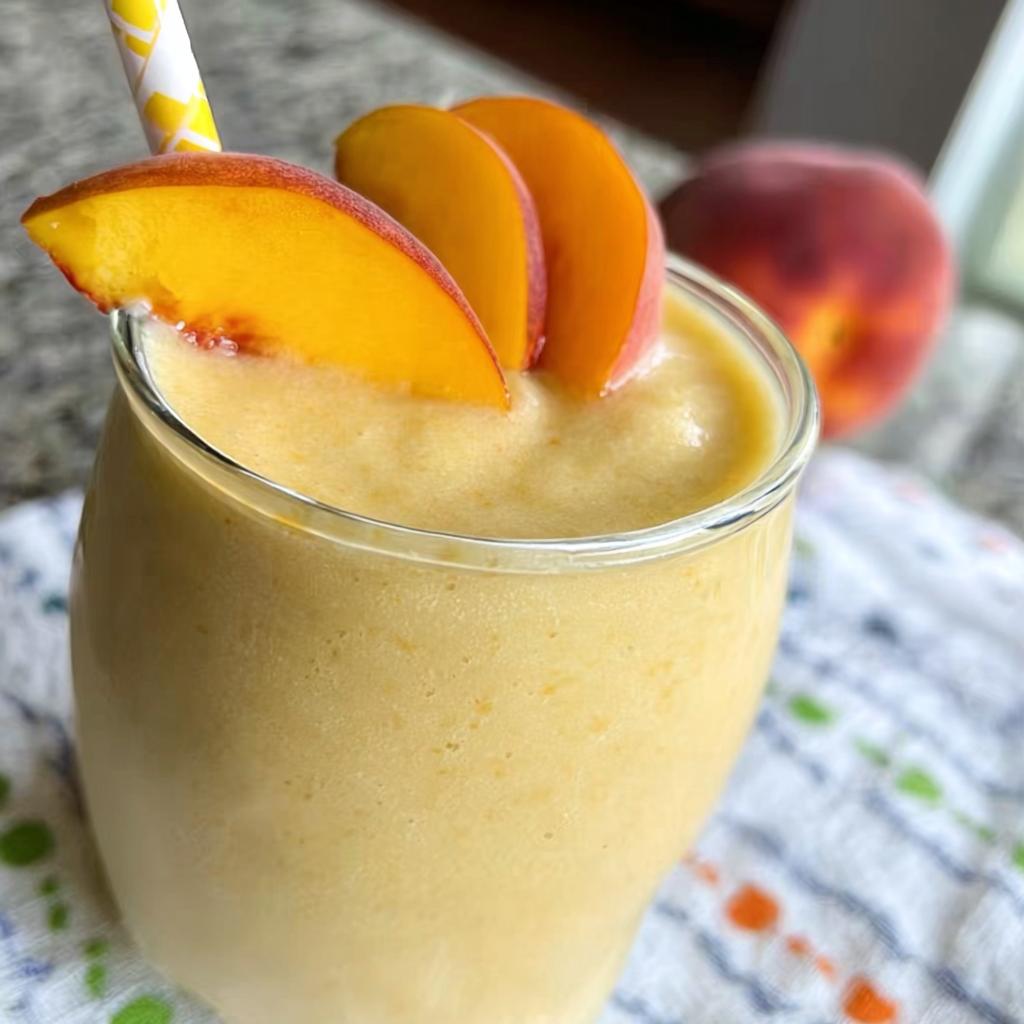Close-up of a creamy Peach Yogurt Smoothie garnished with fresh peach slices and a yellow straw.