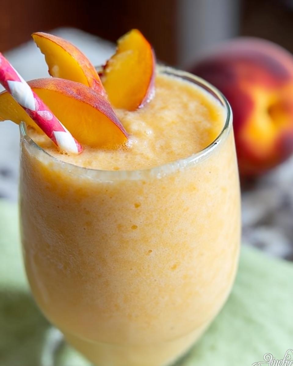 Close-up of a thick, creamy Peach Yogurt Smoothie garnished with fresh peach slices and a striped straw.