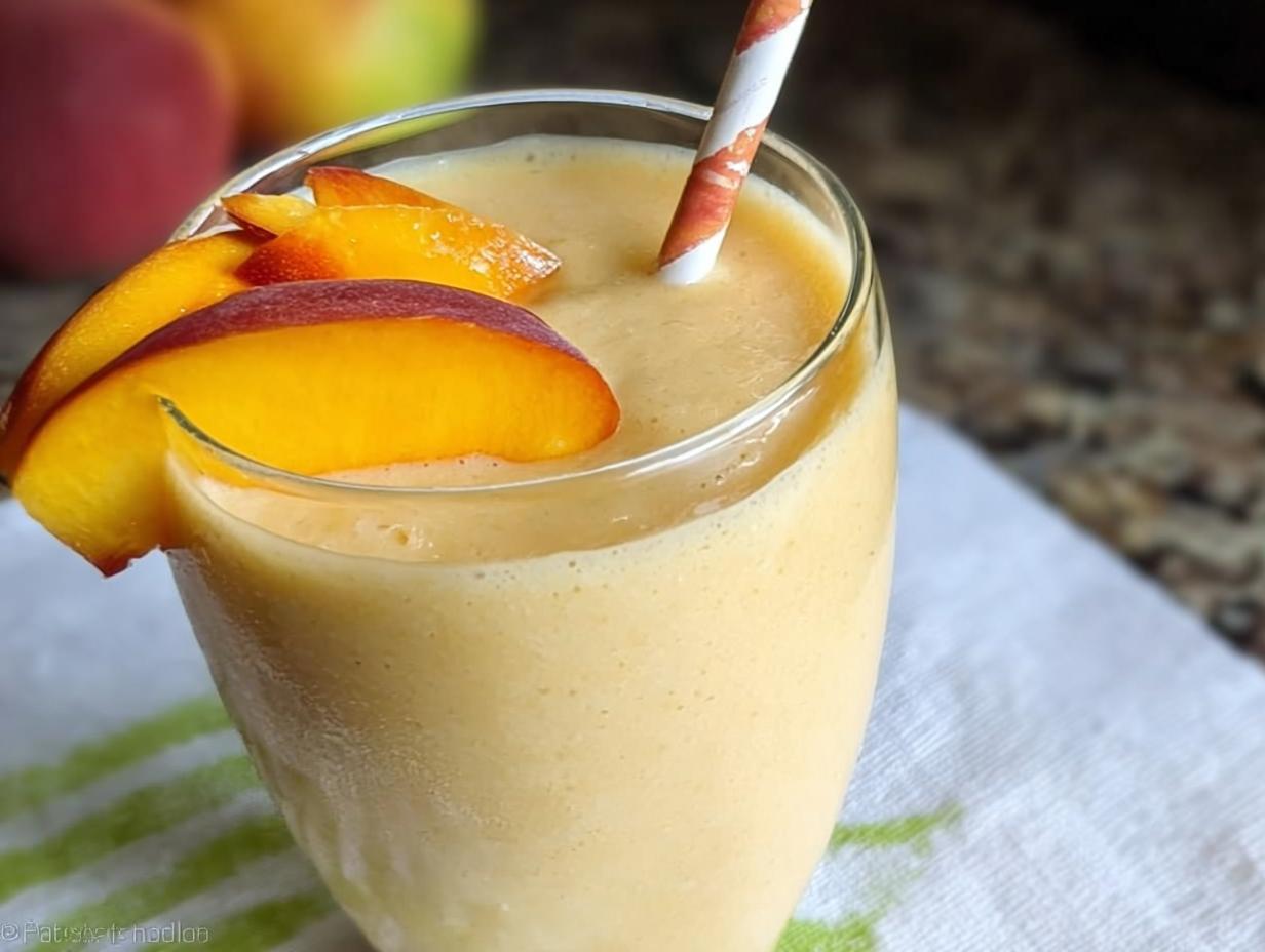 Close-up of a creamy Peach Yogurt Smoothie garnished with fresh peach slices and a striped straw.