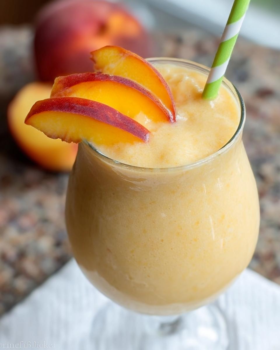 A close-up of a creamy Peach Yogurt Smoothie garnished with fresh peach slices and a green striped straw.