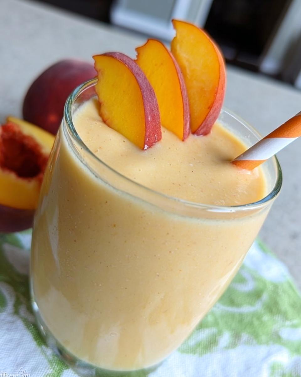 A close-up of a creamy Peach Yogurt Smoothie topped with fresh peach slices and an orange striped straw.