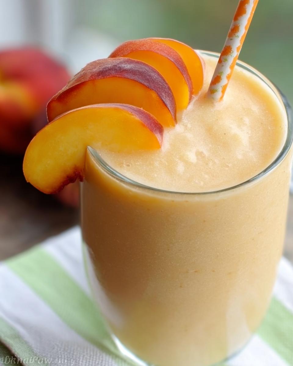 Close-up of a creamy Peach Yogurt Smoothie garnished with fresh peach slices and a patterned straw.