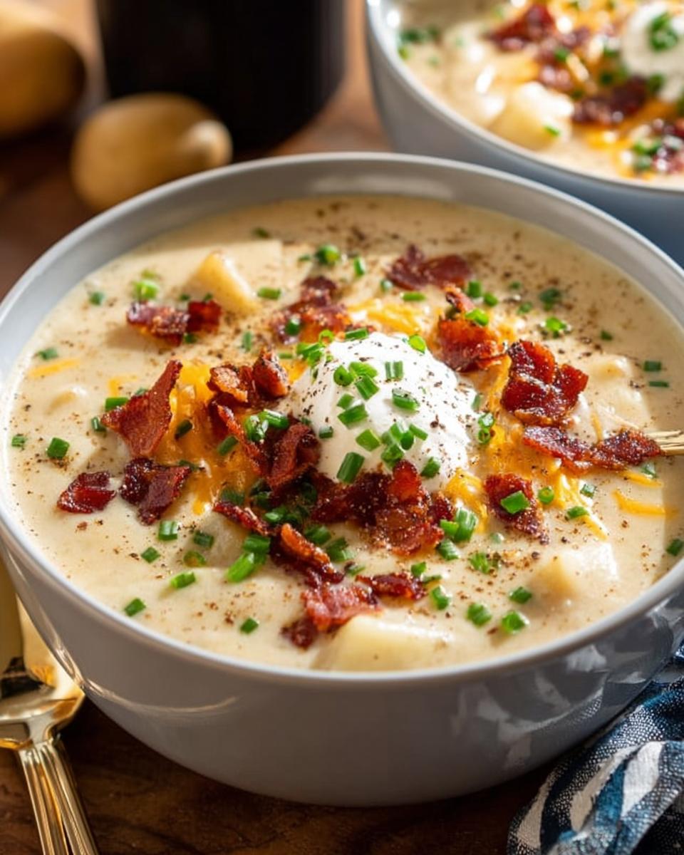 A close-up of a bowl of creamy Potato Soup topped with bacon bits, shredded cheese, sour cream, and chives.