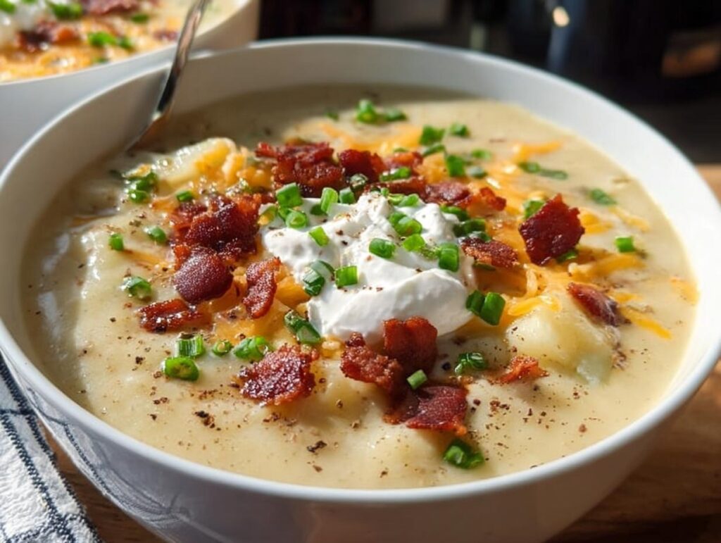 Close-up of a bowl of creamy Potato Soup topped generously with sour cream, bacon bits, cheddar cheese, and fresh chives.