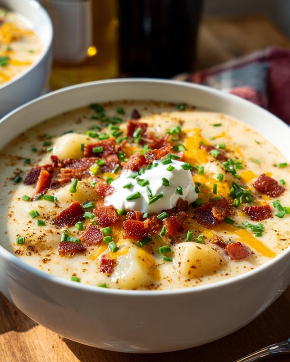 A close-up of a bowl of creamy Potato Soup topped generously with bacon bits, shredded cheese, sour cream, and chives.