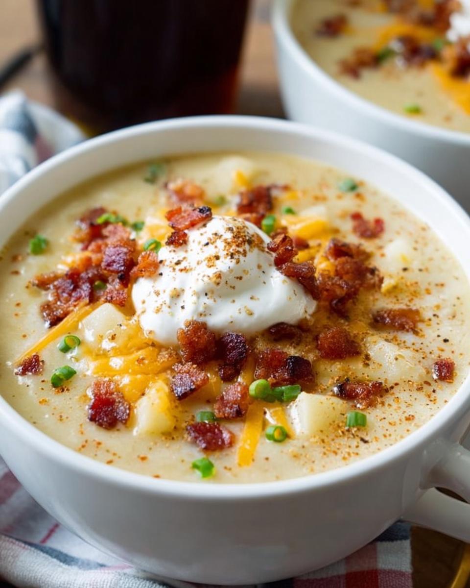 Close-up of a bowl of creamy Potato Soup topped generously with bacon bits, cheddar cheese, sour cream, and chives.