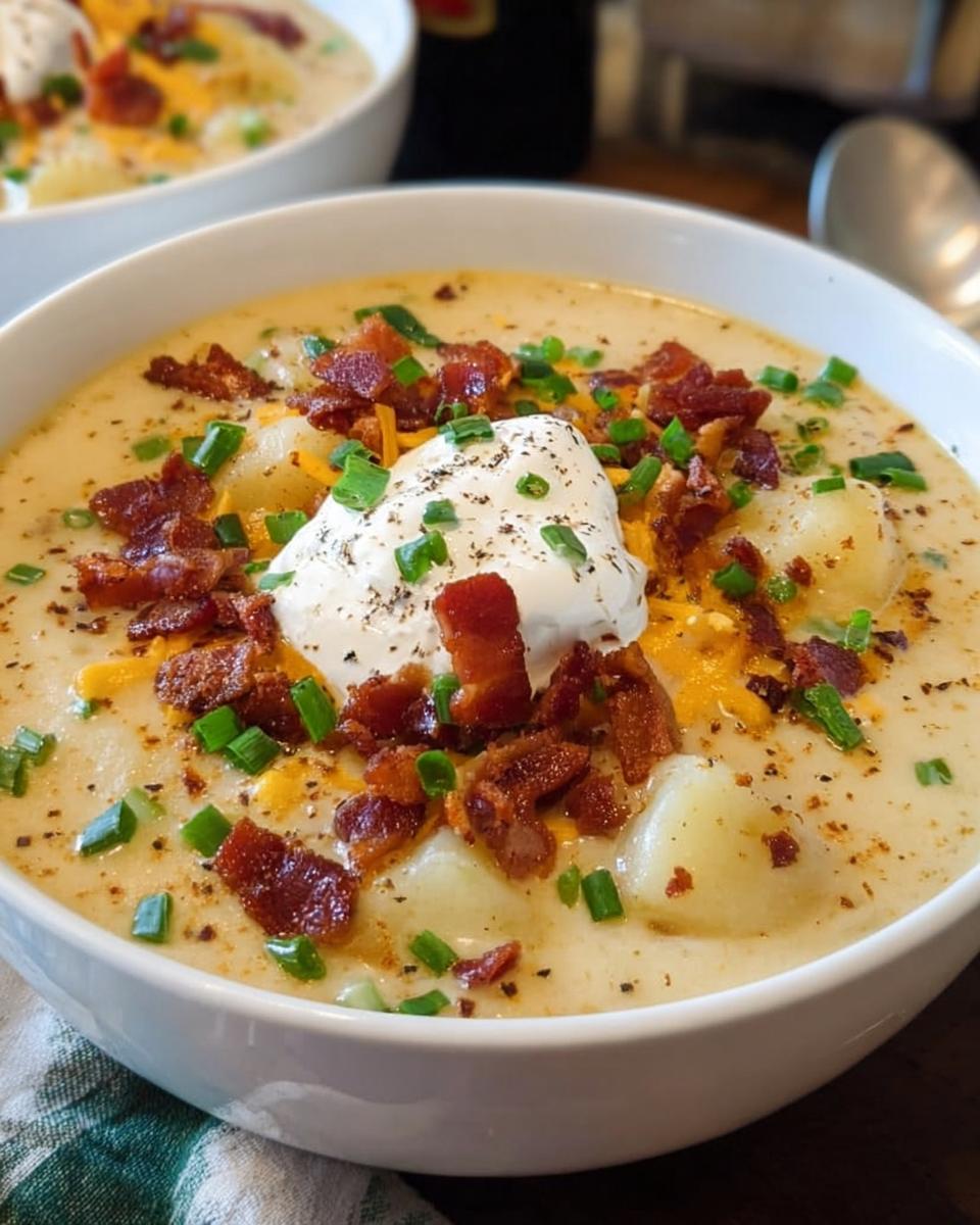 A close-up of a bowl of creamy Potato Soup topped generously with bacon bits, sour cream, chives, and cheese.