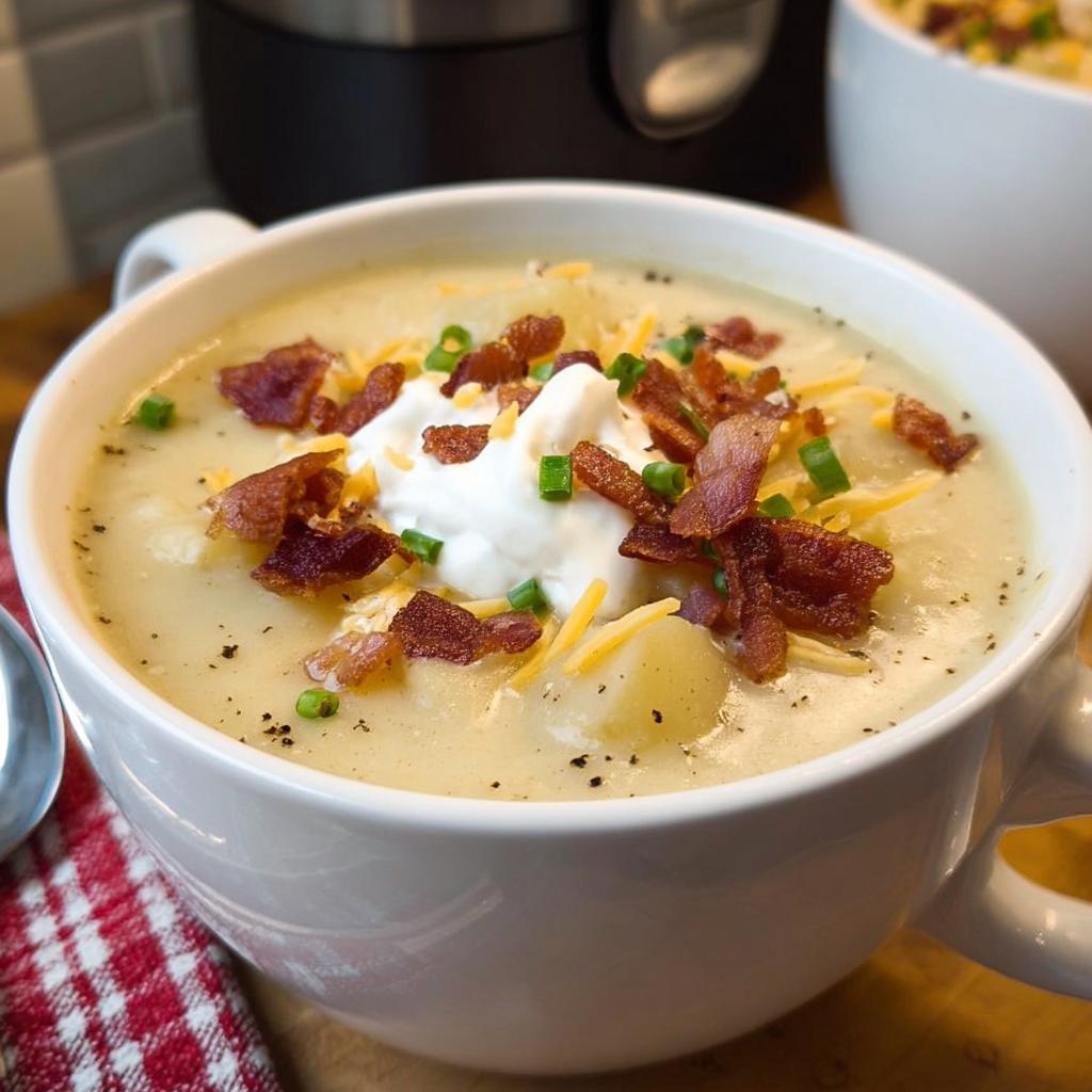 A close-up of creamy Potato Soup topped with sour cream, shredded cheese, bacon bits, and chives.