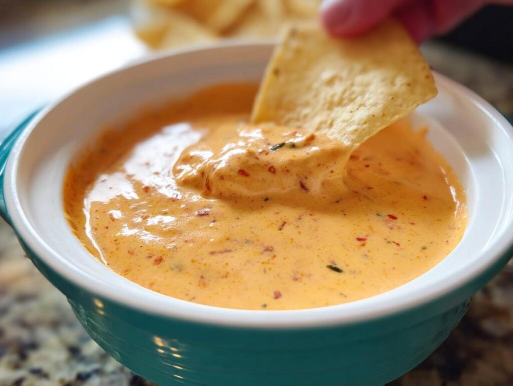 A hand dips a tortilla chip into a bowl of warm, creamy Queso Dip speckled with red peppers.