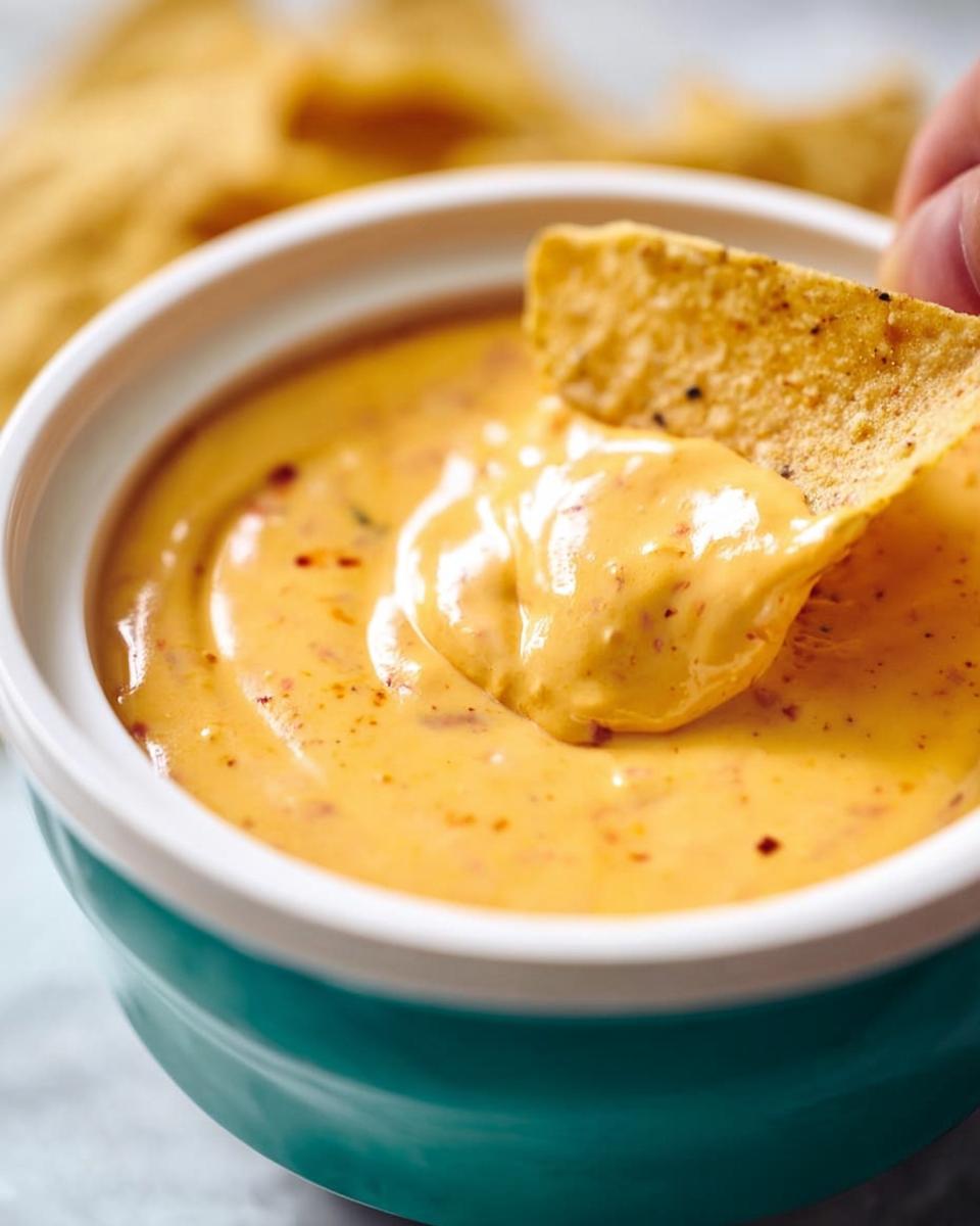 Close-up of a tortilla chip dipping into rich, creamy Queso Dip served in a teal bowl.