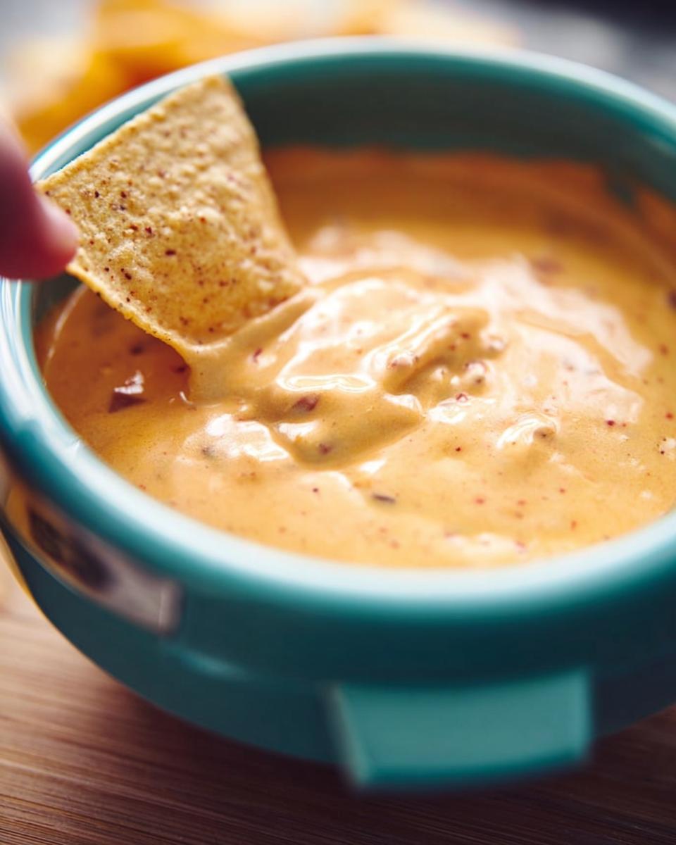 A hand dips a textured tortilla chip into a bowl of rich, creamy Queso Dip with visible spice flecks.
