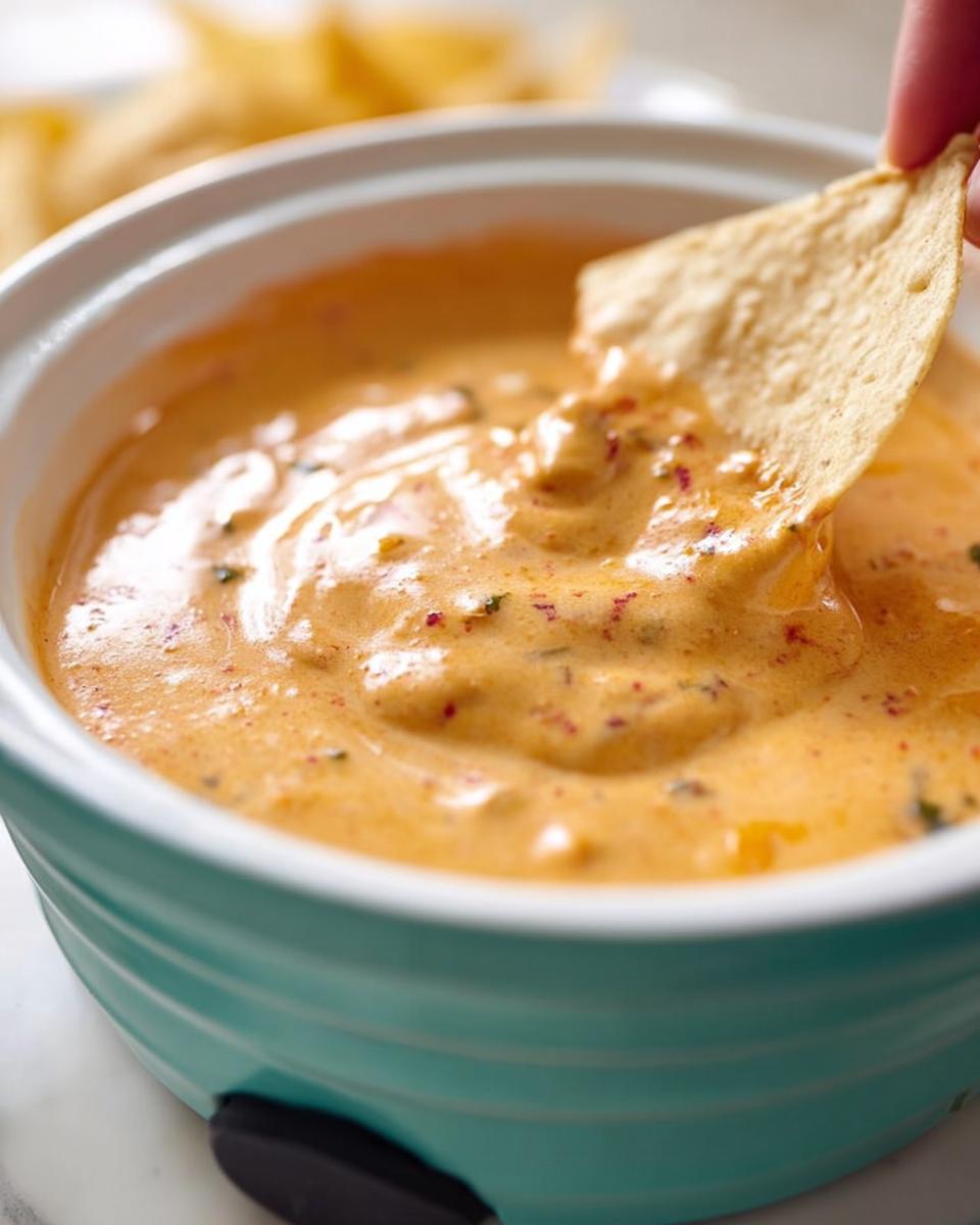 A hand dips a tortilla chip into a bowl of creamy, orange Queso Dip speckled with red spices.