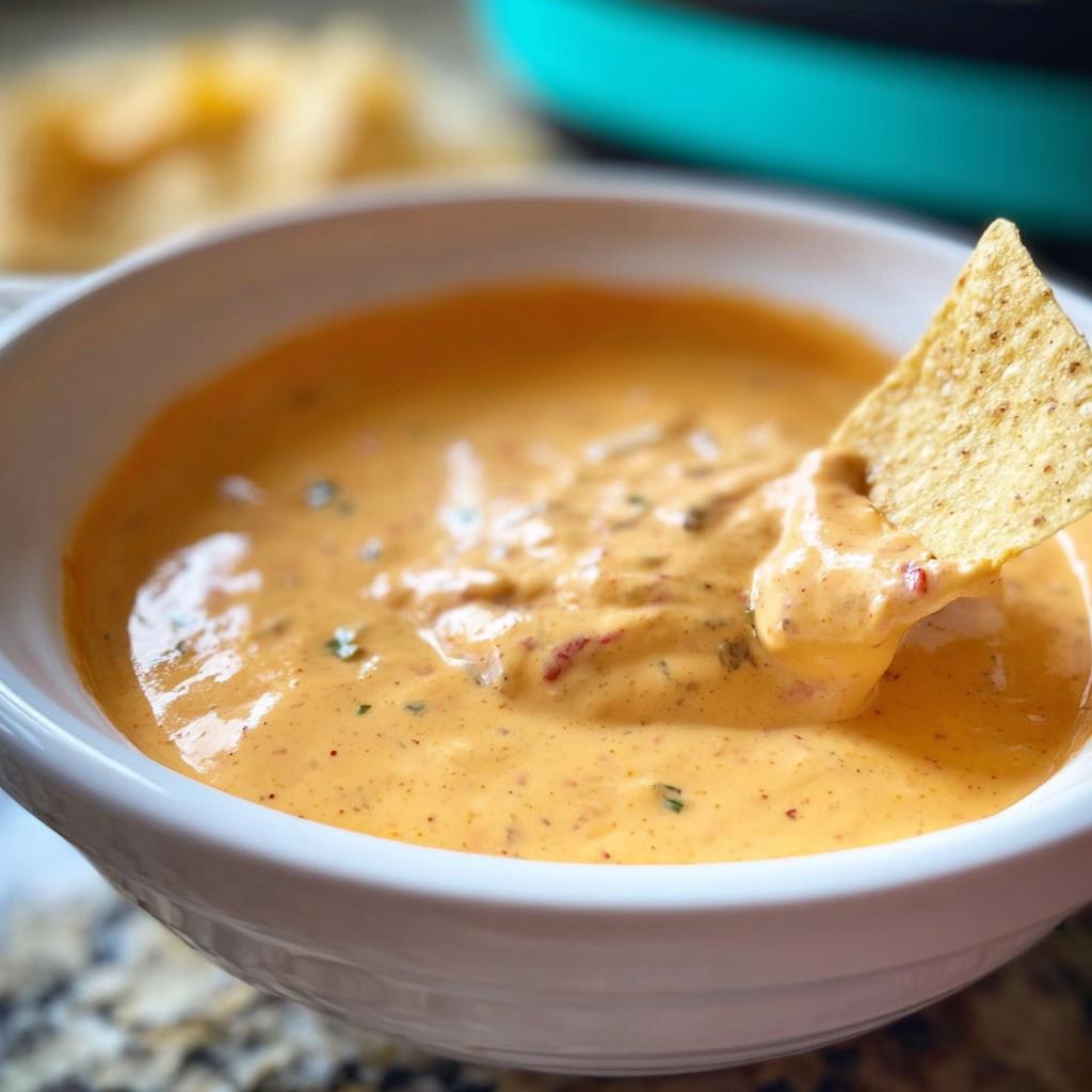 A tortilla chip being dipped into a bowl of creamy, orange Queso Dip speckled with herbs and peppers.