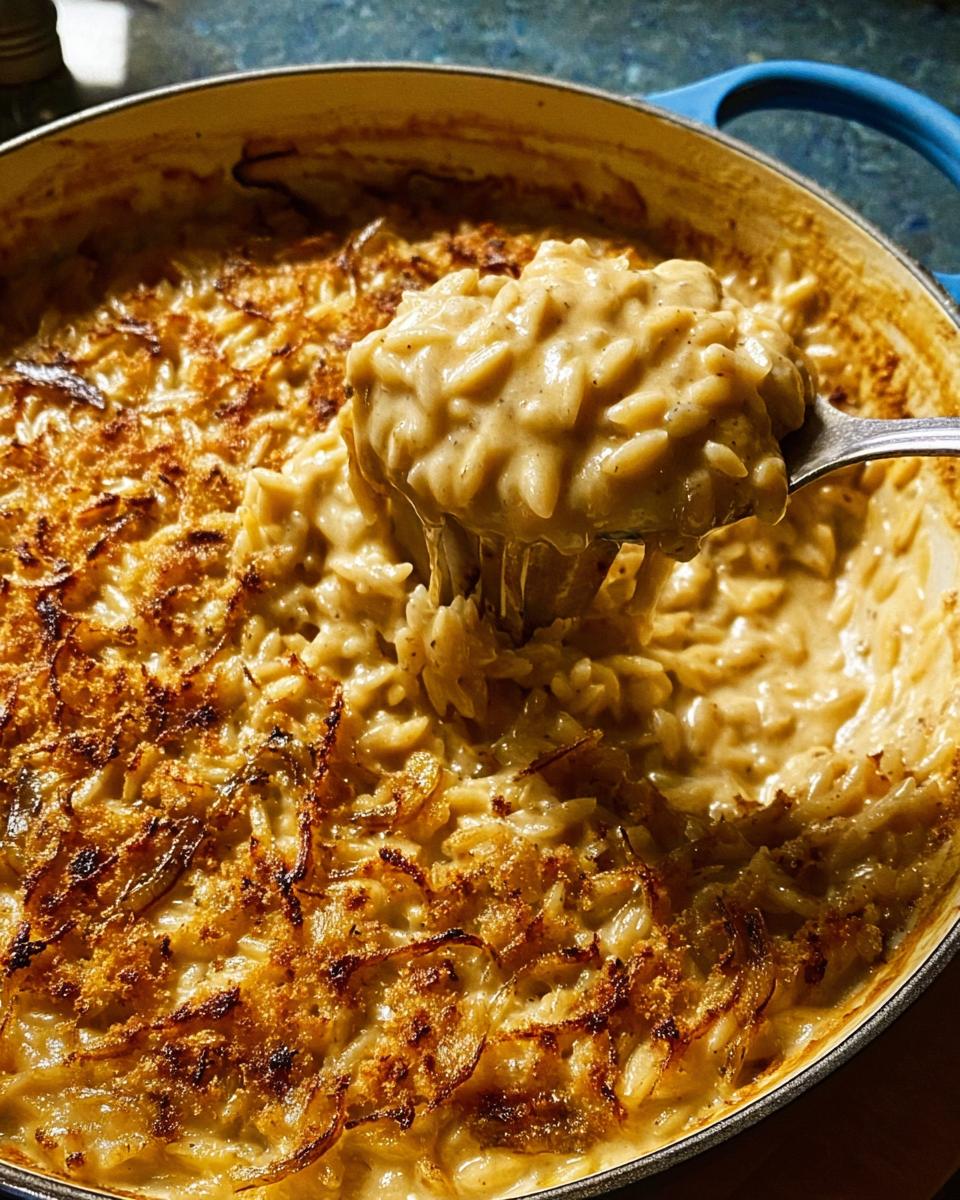 A spoonful of creamy rice bake with crispy onions, part of a one-pan dinner recipe.