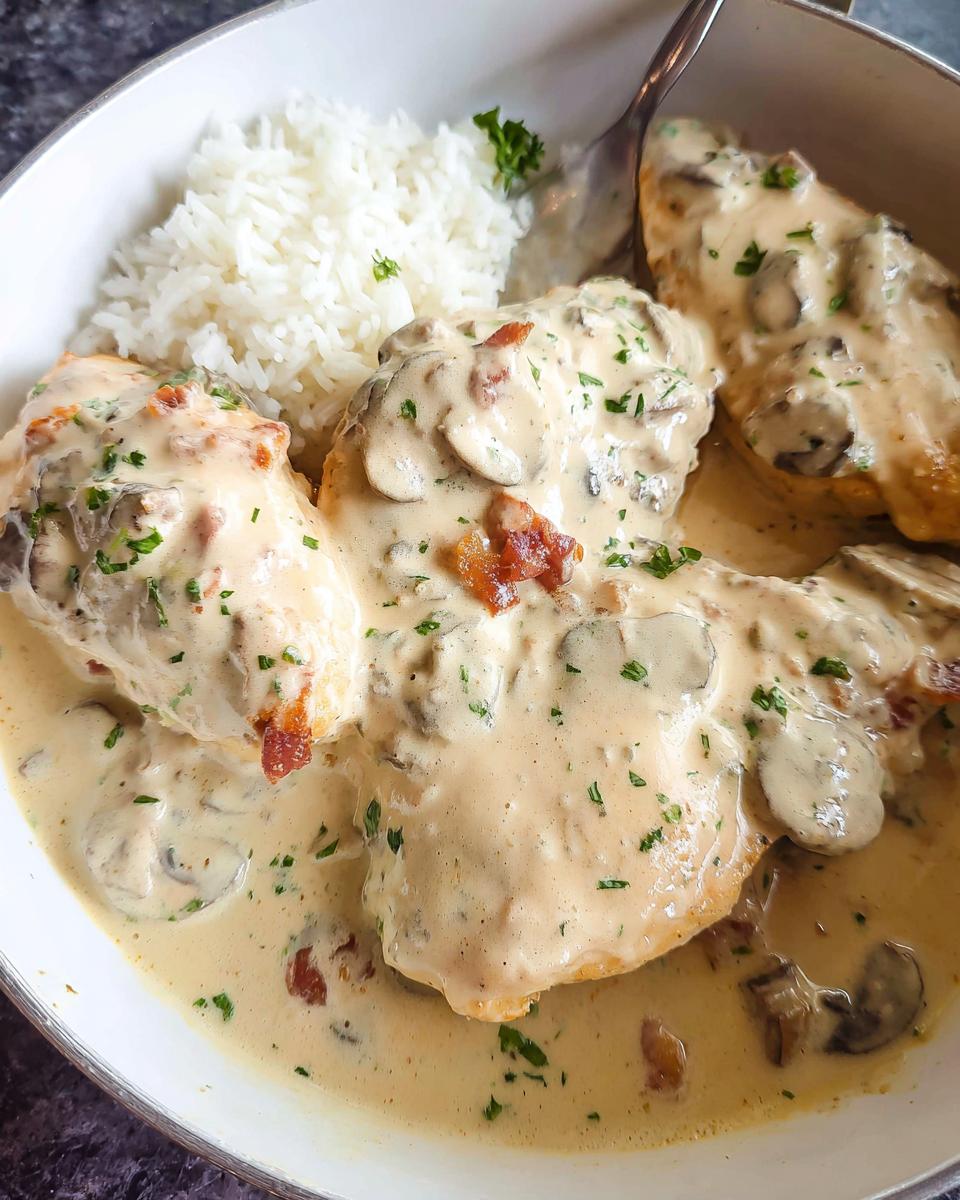 Close-up of Creamy Smothered Chicken and Rice topped with mushroom sauce and parsley.