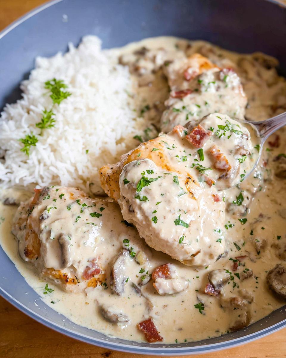 A spoonful of Creamy Smothered Chicken and Rice being lifted from a bowl showing rich mushroom sauce.