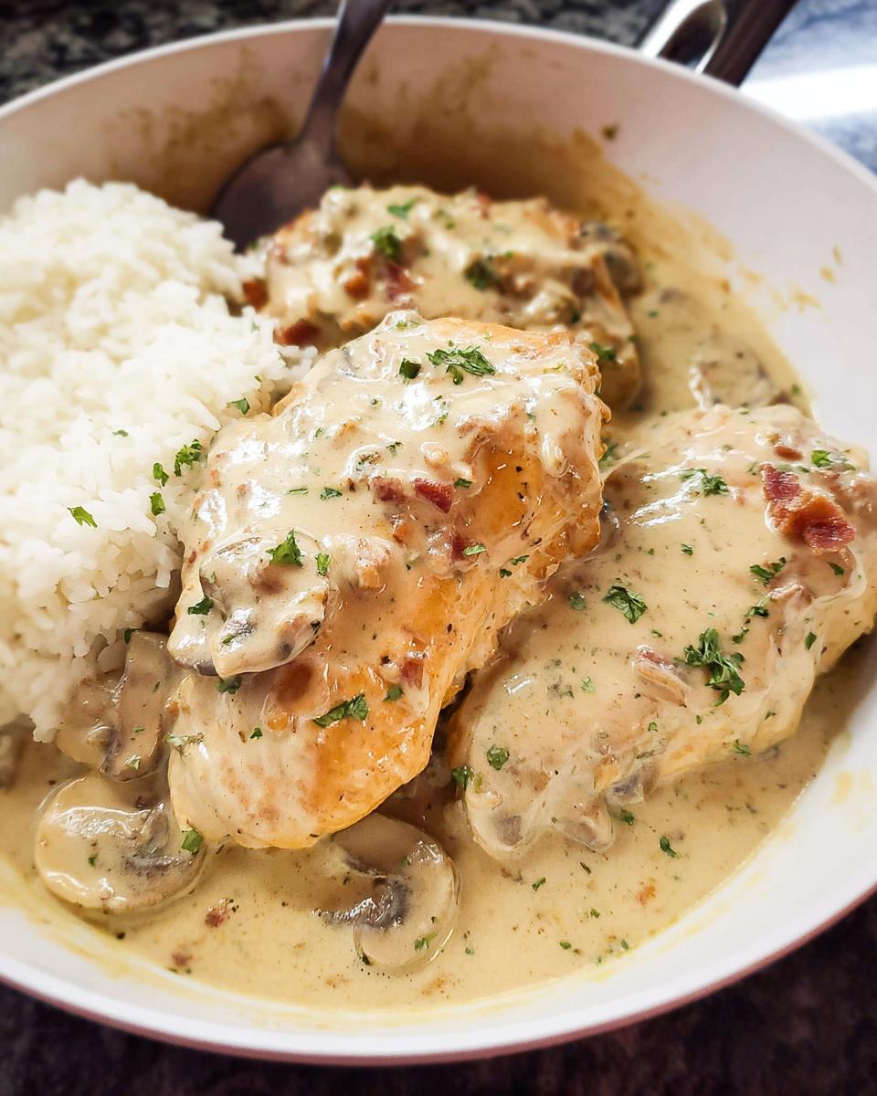 Close-up of Creamy Smothered Chicken and Rice served in a white pan with rich mushroom sauce.