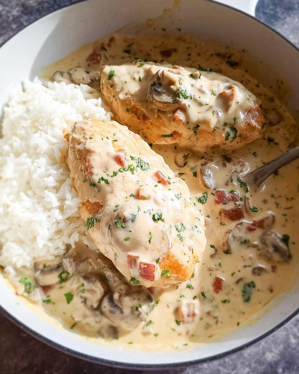 Two pieces of Creamy Smothered Chicken resting on white rice, covered in a rich, creamy mushroom sauce.