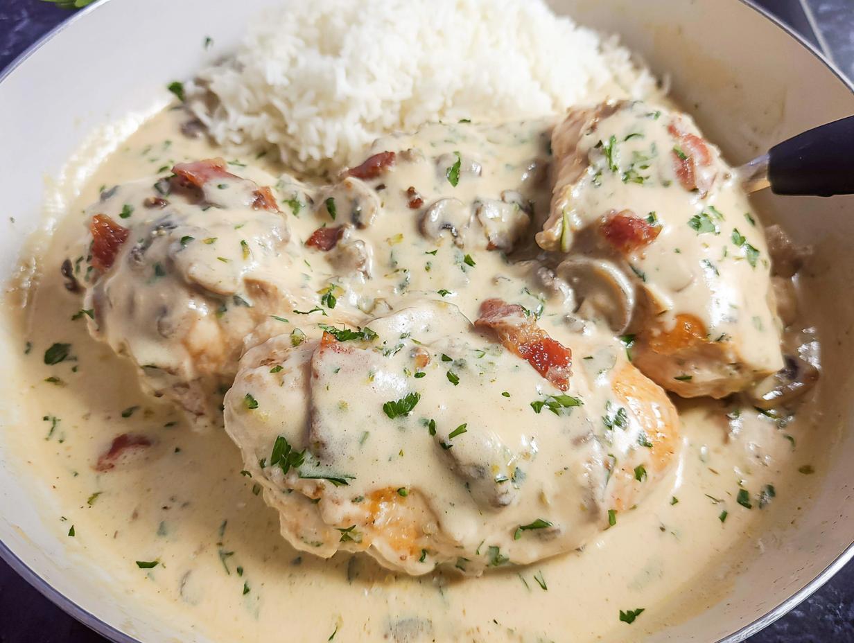 Three pieces of chicken smothered in a rich, creamy sauce with mushrooms and bacon, served alongside white rice in a skillet for a Creamy Smothered Chicken Recipe.