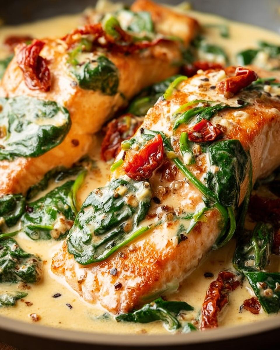 Close-up of perfectly seared Creamy Tuscan Salmon fillets covered in a rich cream sauce with spinach and sun-dried tomatoes.