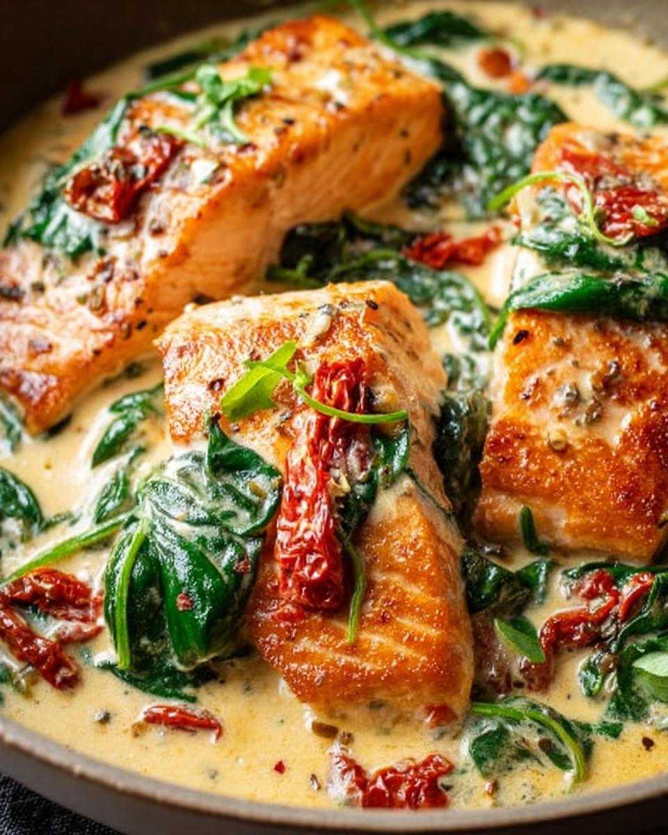 Three pan-seared salmon fillets swimming in a rich, creamy sauce with wilted spinach and sun-dried tomatoes, showcasing Creamy Tuscan Salmon.