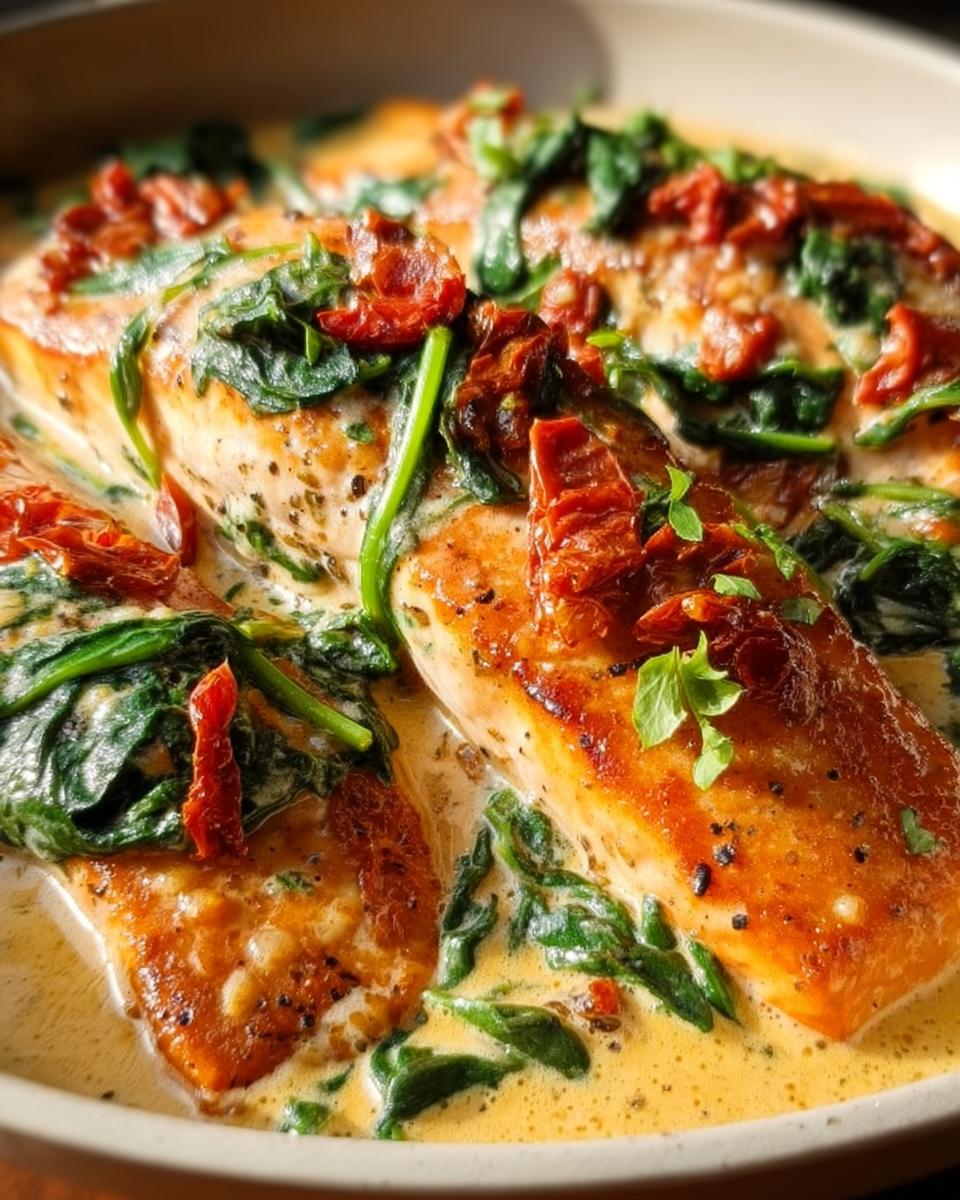 Two perfectly seared fillets of Creamy Tuscan Salmon covered in a rich cream sauce, spinach, and sun-dried tomatoes.