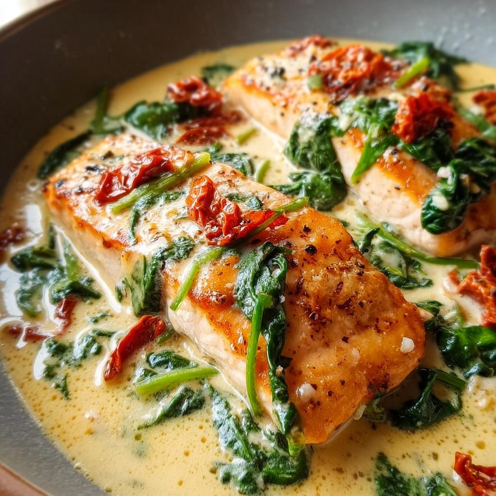 Two perfectly seared fillets of Creamy Tuscan Salmon swimming in a rich cream sauce with wilted spinach and sun-dried tomatoes.