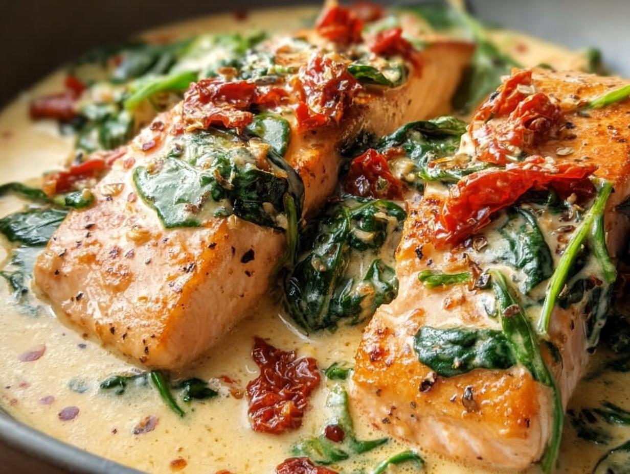 Close-up of two perfectly seared salmon fillets covered in a rich, creamy sauce with spinach and sun-dried tomatoes: Creamy Tuscan Salmon.