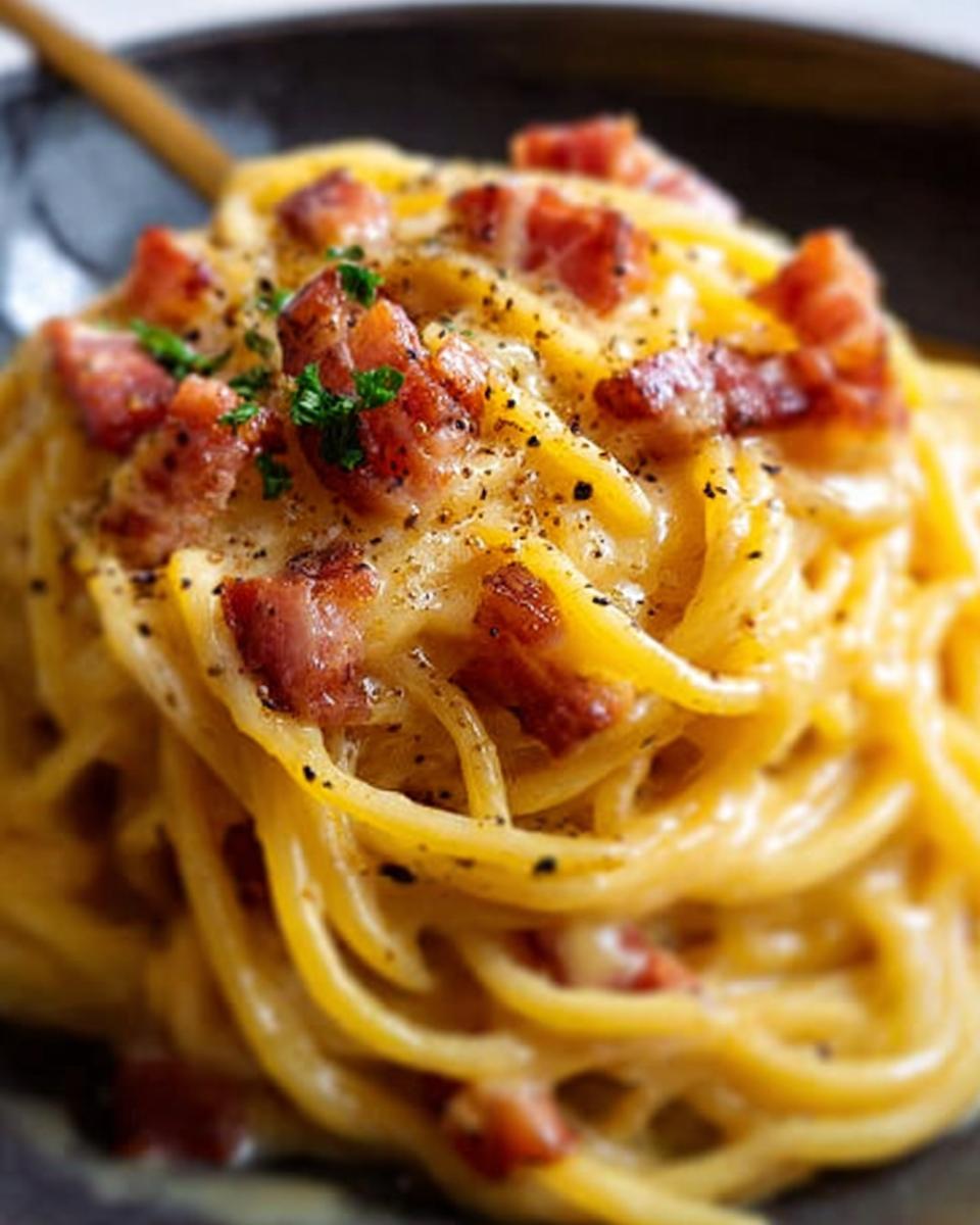 Close-up of spaghetti carbonara with crispy bacon bits and black pepper, part of Best Dinner Recipes 2025.