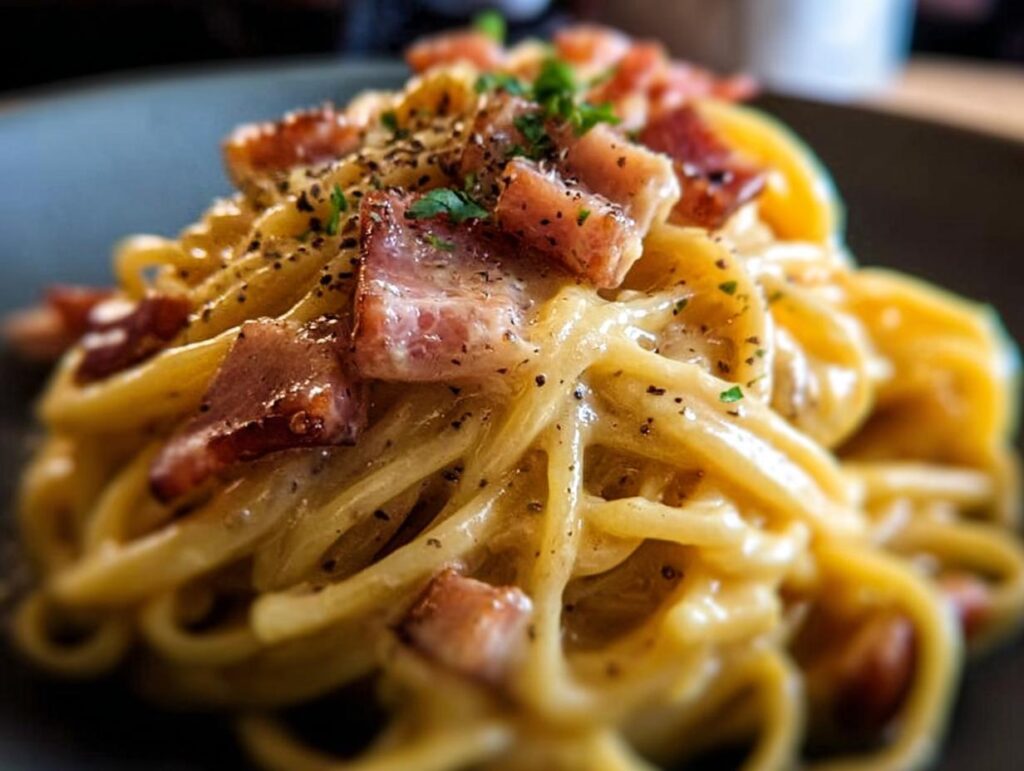 Close-up of spaghetti carbonara with crispy bacon pieces and black pepper, a perfect example of best dinner recipes 2025.