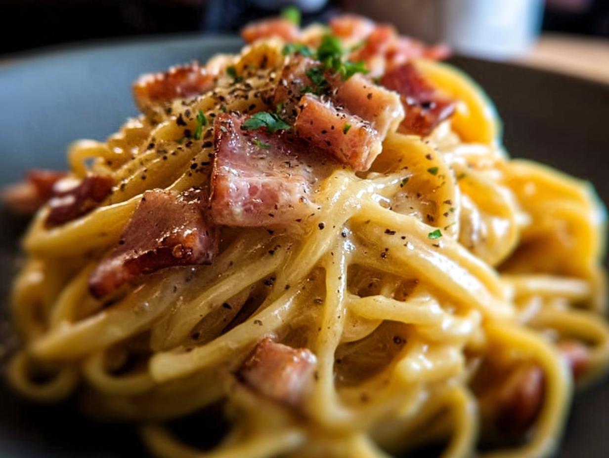 Close-up of spaghetti carbonara with crispy bacon pieces and black pepper, a perfect example of best dinner recipes 2025.
