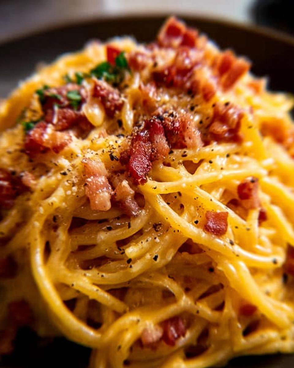 Close-up of spaghetti carbonara with crispy bacon and black pepper, a perfect example of Best Dinner Recipes 2025.