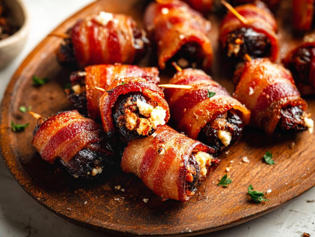 Close-up of several crispy, baked Bacon-Wrapped Dates stuffed with cheese on a rustic wooden platter.