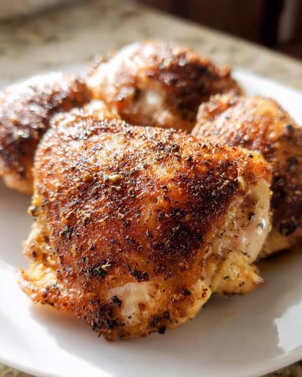 Close-up of perfectly crispy baked chicken thighs, showcasing their golden-brown skin and juicy interior. A top choice from Best Chicken Thigh Recipes.