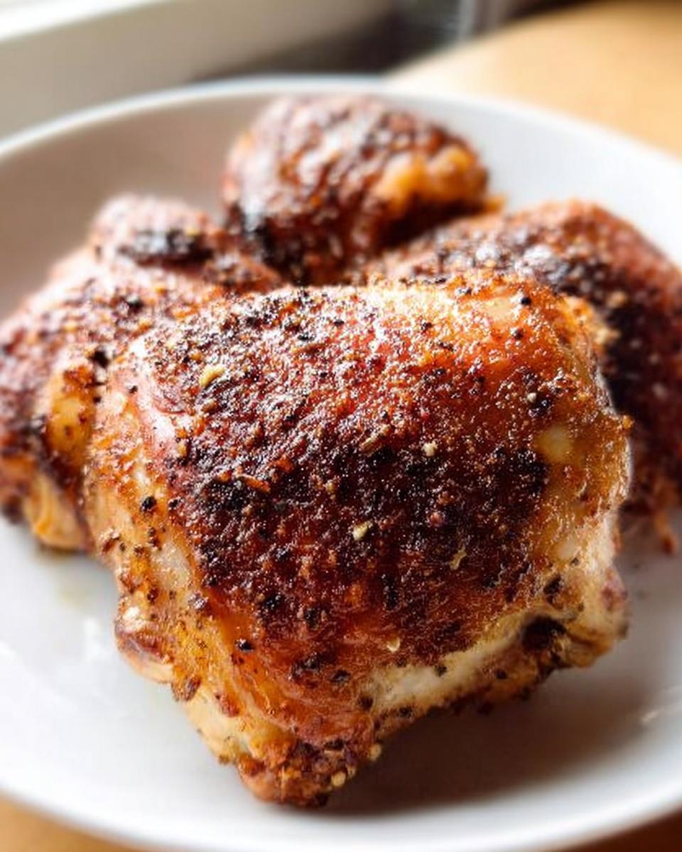 Close-up of perfectly crispy baked chicken thighs, seasoned and juicy, from the best chicken thigh recipes 2025.