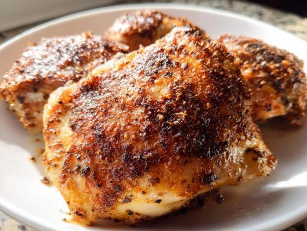 Close-up of perfectly crispy baked chicken thighs, showcasing their juicy interior and golden-brown skin. A top choice from Best Chicken Thigh Recipes 2025.