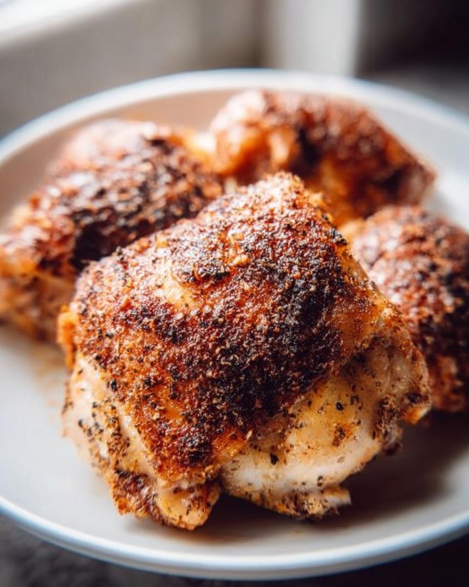 Close-up of perfectly crispy baked chicken thighs, seasoned and juicy, from the best chicken thigh recipes.