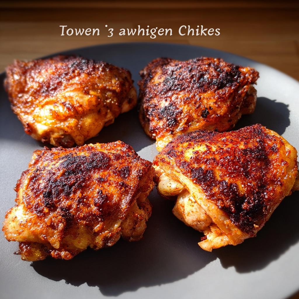 Four perfectly baked, crispy chicken thighs with a golden-brown, seasoned skin, ready to be served.