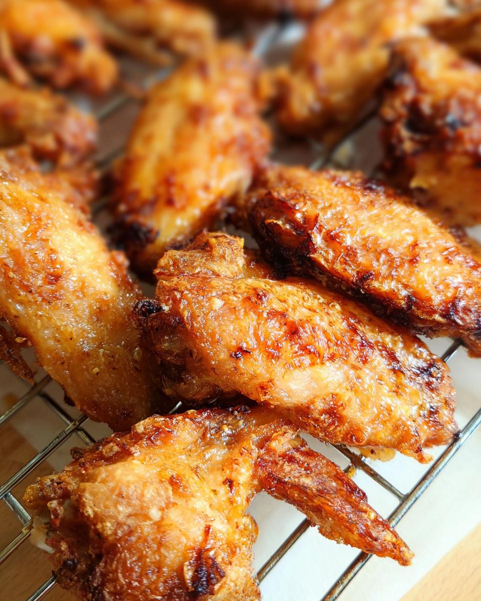 Close-up of golden brown, perfectly Crispy Baked Chicken Wings resting on a wire cooling rack.