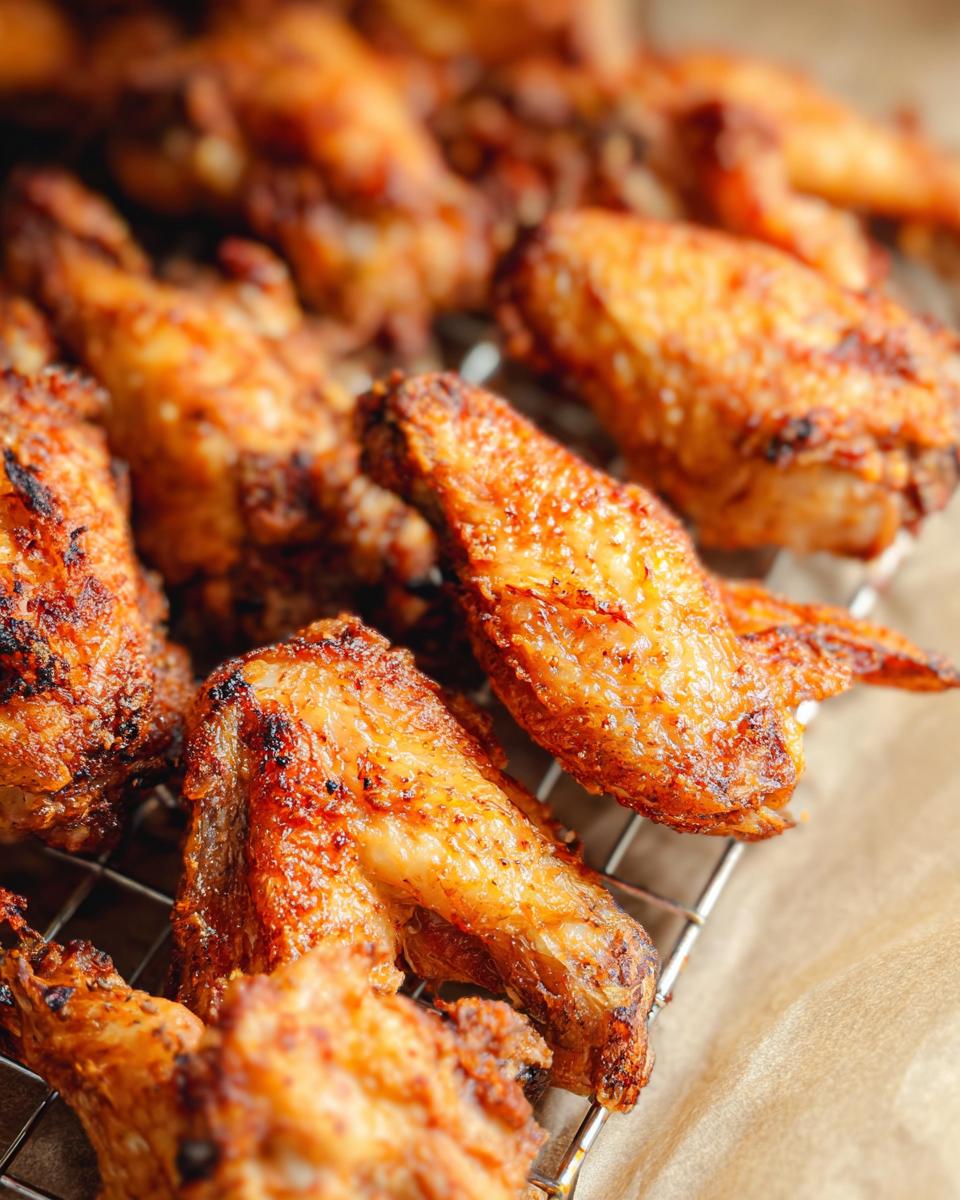 Close-up of golden brown, perfectly cooked Crispy Baked Chicken Wings resting on a wire cooling rack.