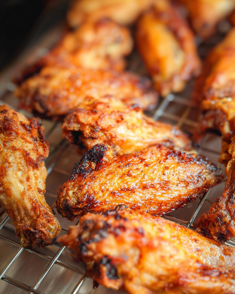 Close-up of golden brown, perfectly cooked Crispy Baked Chicken Wings resting on a wire cooling rack.
