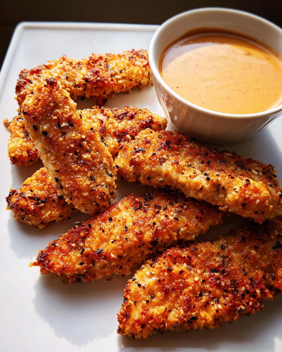 Golden brown, crispy chicken fingers coated in sesame seeds, served with a creamy dipping sauce. A perfect easy dinner recipe.