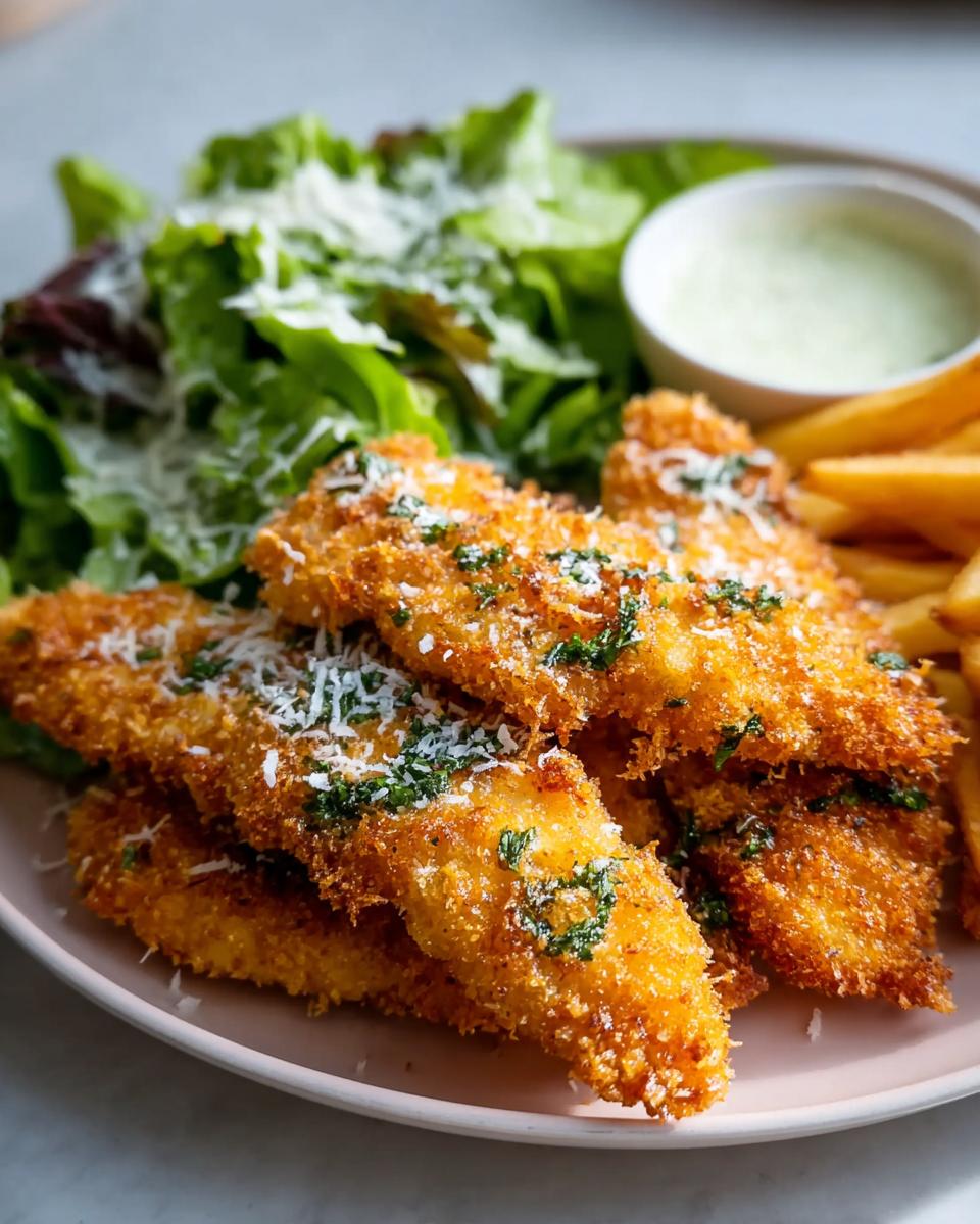 Golden brown crispy chicken strips, a side of french fries, and a fresh green salad with dressing, perfect for chicken for busy weeknights.
